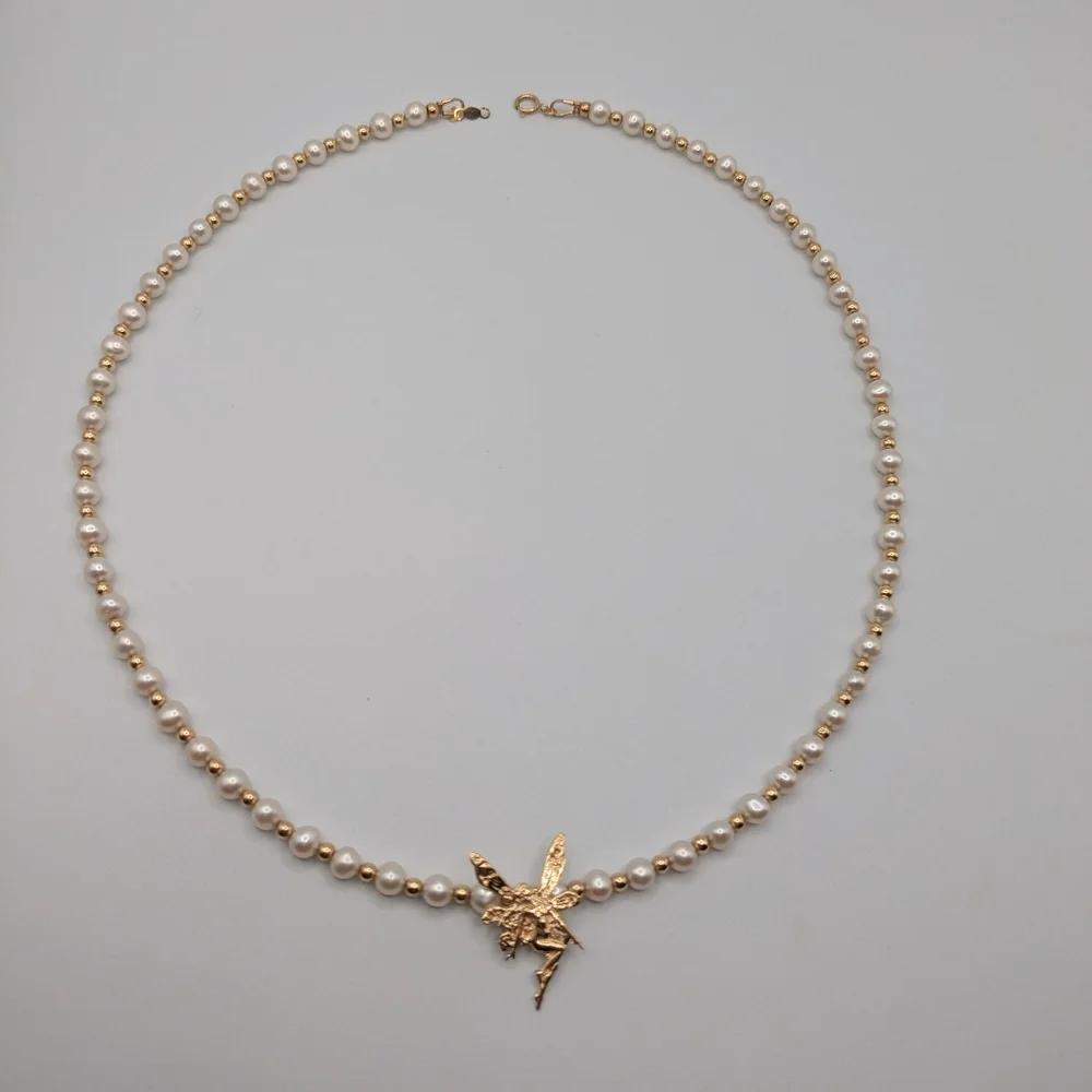 14k Yellow Gold Beaded Pearl Necklace With Fairy Pendant - Picture 2 of 15